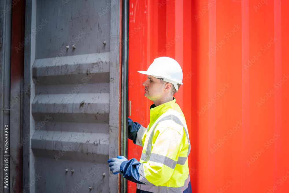 Aufkleber Professional container yard workers checking stock for loading in the container yard warehouse,Container yard warehouse inspection,Cargo Shipping Import and Export industry.