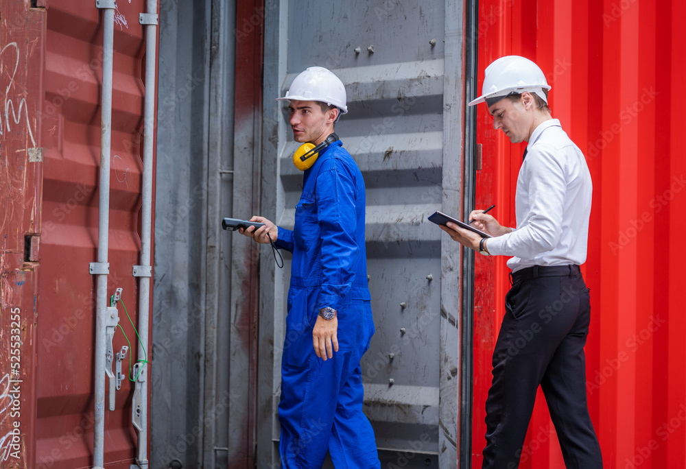 Poster Engineer container cargo with worker working and checking stock into container for loading,logistic and business export.