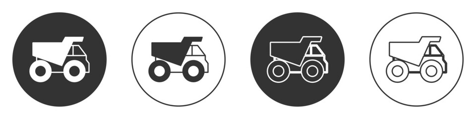Black Mining dump truck icon isolated on white background. Circle button. Vector