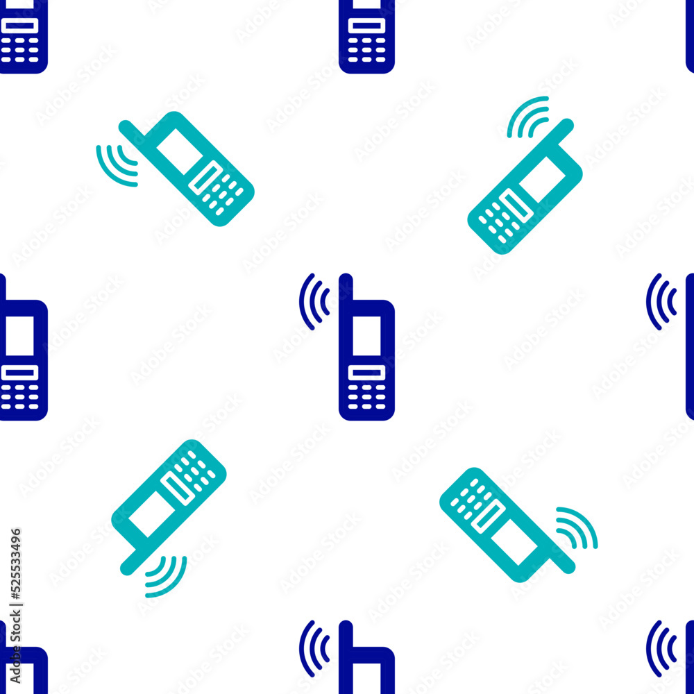 Poster blue smartphone with free wi-fi wireless connection icon isolated seamless pattern on white backgrou