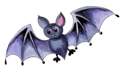 Black bat watercolor illustration. Hand draw halloween art with white isolated background for your design, print, postcard, poster, book decoration. Bouquet hand painted illustration