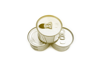 Steel and tin cans on white background, soft and selective focus.