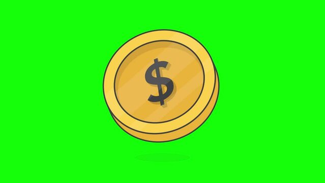 Gold Coins With Dollar Currency Sign On Green Screen Background. 3D Dollar Coins Animation