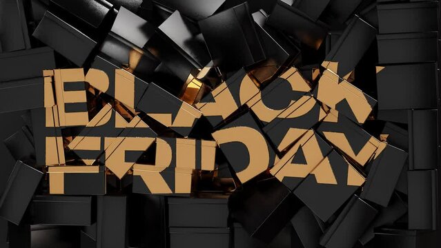 In front of a large golden inscription "sale" on a black background, black boxes fall, on which, in turn, a golden inscription "Black Friday" is formed. Futuristic 3D animation video 4K, motion design