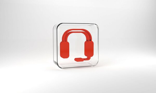 Red Headphones icon isolated on grey background. Earphones. Concept for listening to music, service, communication and operator. Glass square button. 3d illustration 3D render