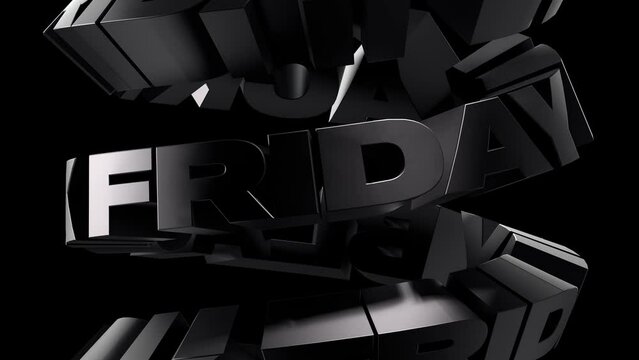 3D looped animation of a three-dimensional stone inscription "black Friday", slowly moving in a spiral on a black background. Futuristic motion design, 4K video for the biggest sale of the year