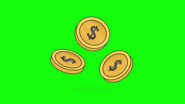 Gold Coins Falling On Green Screen Background. 3D Dollar Coins Animation