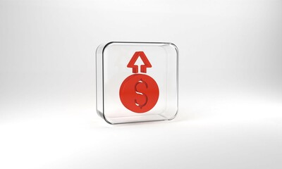 Red Financial growth dollar coin icon isolated on grey background. Increasing revenue. Glass square button. 3d illustration 3D render
