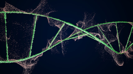 3d illustration of a light green DNA chain on a black background with shining light.