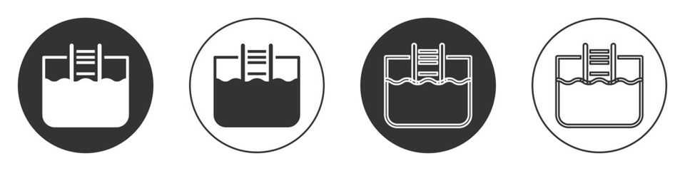 Black Swimming pool with ladder icon isolated on white background. Circle button. Vector © Kostiantyn