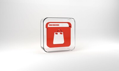 Red Online shopping on screen icon isolated on grey background. Concept e-commerce, e-business, online business marketing. Glass square button. 3d illustration 3D render