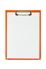 Red clipboard with blank paper sheet for copy-space