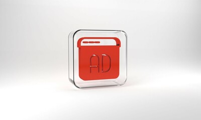 Red Advertising icon isolated on grey background. Concept of marketing and promotion process. Responsive ads. Social media advertising. Glass square button. 3d illustration 3D render
