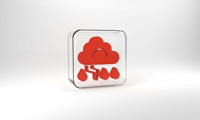 Red Storm icon isolated on grey background. Cloud and lightning sign. Weather icon of storm. Glass square button. 3d illustration 3D render