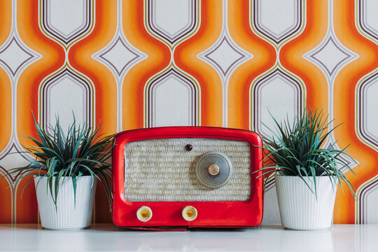 Red old fashioned radio and potted plants against colorful wall