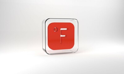 Red Fahrenheit icon isolated on grey background. Glass square button. 3d illustration 3D render