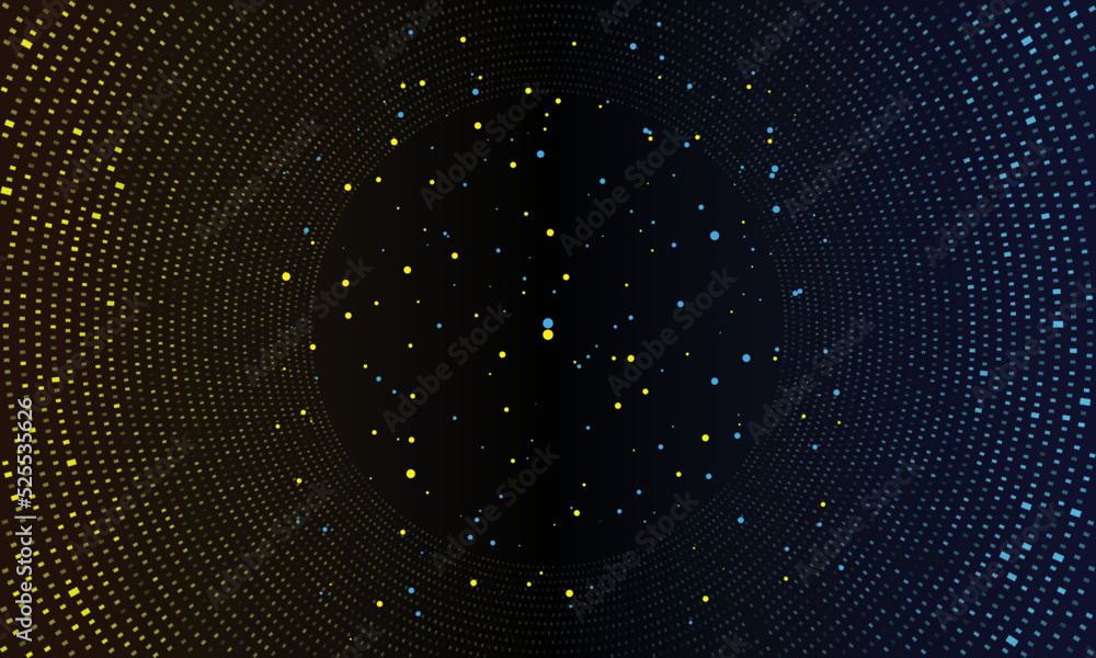 Poster blue and yellow halftone dots in circle and chaos background.