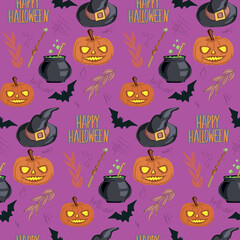 Halloween background with magic items and pumpkins.