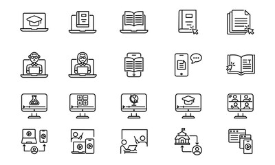 Set of vector icons related to online learning. Vector illustration of online read, online book, online distance and more with editable black outline.