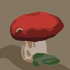 Vector illustration of a porcini mushroom with a leaf.