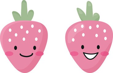 Juicy pink cartoon cute smiling strawberry set isolated. Berry design element. Children vector illustration