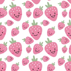 Muurstickers Cartoon smiling strawberry seamless pattern, texture, background, wallpapers, endless ornament, repeating print. Children vector illustration for textiles, wrapping paper, fabric, packaging, cover © Alexandra