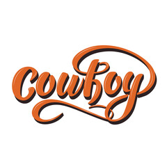 Cowboy. Western. Vector hand lettering. Country Emblem Typography for Western cafe restaurant shop card. Logo design. Brown volume letters with birds and lasso over on white background. Wild west - obrazy, fototapety, plakaty