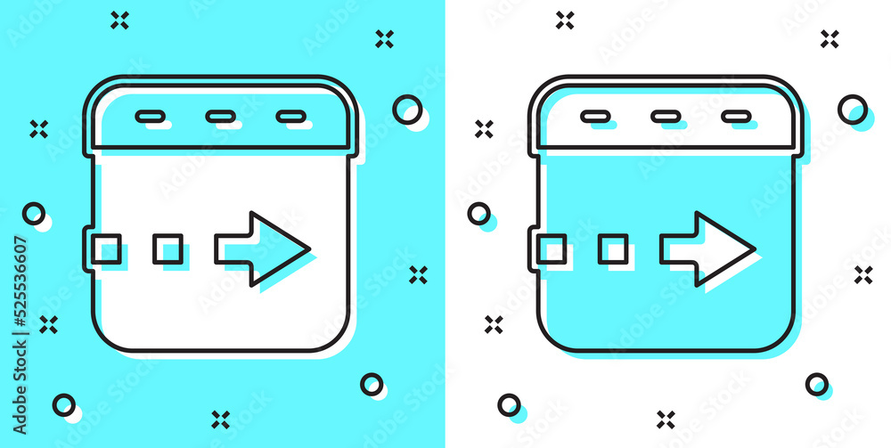 Aufkleber black line time flies on the clock icon isolated on green and white background. random dynamic shape