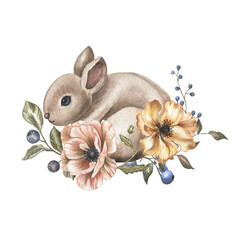 Cute watercolor bunny in a frame of flowers.Watercolor illustration.