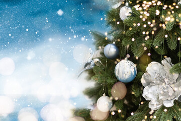 Fototapeta na wymiar 2023 Merry Christmas and New Year holidays background. Blurred bokeh background