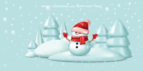 Christmas background with snowy landscape, snowman, and Christmas trees. Vector illustration in cartoon 3D style