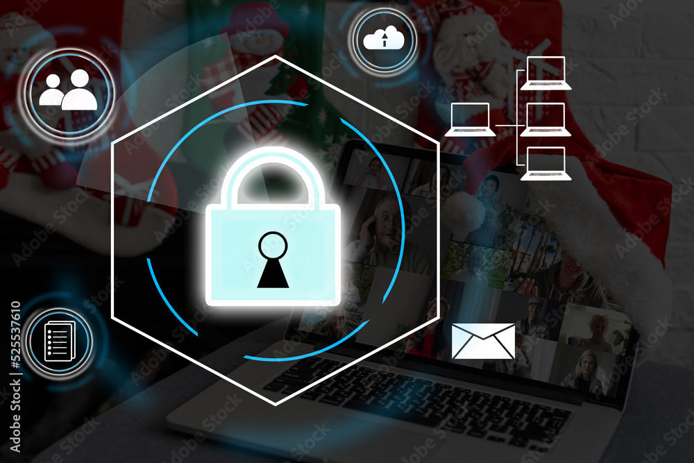 Poster digital padlock icon, cyber security network and data protection technology on virtual interface scr