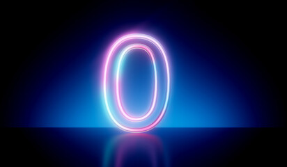 Number 0 neon glowing futuristic tube light. 3D Rendering