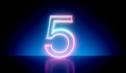 Number 5 neon glowing futuristic tube light. 3D Rendering