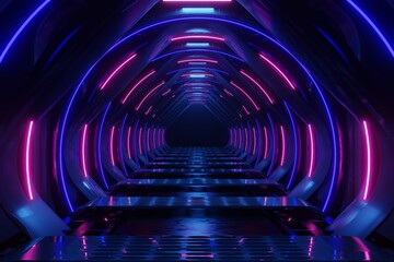 Light tunnel, dark long corridor with neon lamps. Abstract purple background with smoke and neon lights. Metal floor, symmetrical reflection and mirroring. 3D illustration.
