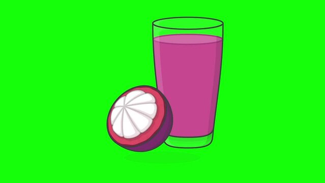 Mangosteen Juice With Fruit In Glass On Green Screen Background. 3D Mangosteen Juice Animation