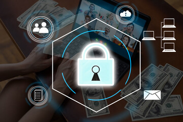 Digital padlock icon, cyber security network and data protection technology on virtual interface screen. Online internet authorized access against cyber attack.and business data privacy concept
