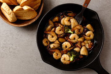 Gambas al Ajillo with shrimp in garlic and peperoncino flavored olive oil