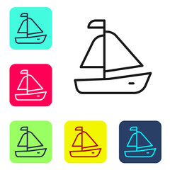 Black line Yacht sailboat or sailing ship icon isolated on white background. Sail boat marine cruise travel. Set icons in color square buttons. Vector