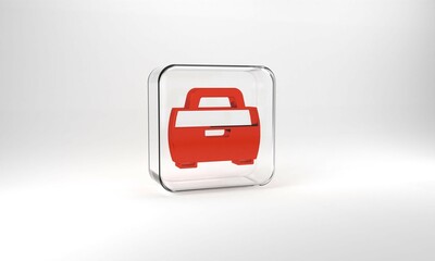 Red Case or box container for wobbler and gear fishing equipment icon isolated on grey background. Fishing tackle. Glass square button. 3d illustration 3D render