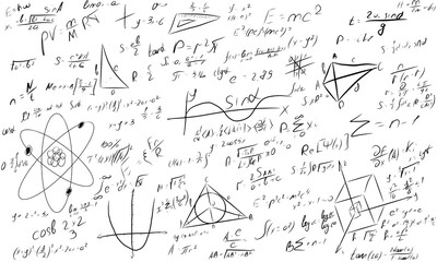 Math chalkboard illustration. Physics solving equation blackboard. Sketch with geometrical class problem solution or algebra formula. Higher mathematics Intelligence or complex calculation mess - obrazy, fototapety, plakaty