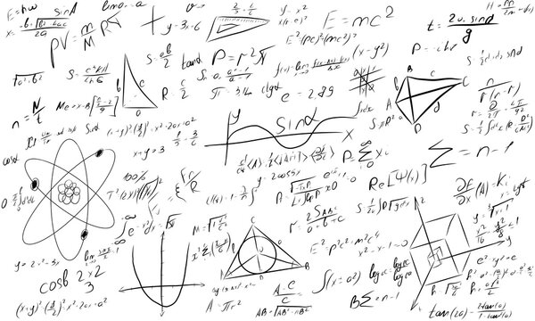Math chalkboard illustration. Physics solving equation blackboard. Sketch with geometrical class problem solution or algebra formula. Higher mathematics Intelligence or complex calculation mess