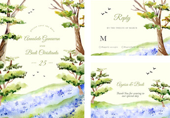 Wedding Invitation set with Lavender meadow and tree