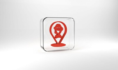 Red Location fishing icon isolated on grey background. Fishing place. Glass square button. 3d illustration 3D render