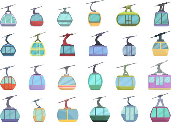 Ski lift icons set cartoon vector. Resort slope. Winter activity - obrazy, fototapety, plakaty