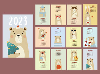 Yearly monthly design calendar for 2023 with cute bear. Set of 12 pages and cover in English. Vector illustration. Vertical template. Week from Sunday. Stationery, planner, organizer with animal