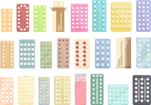 Female Oral Contraception Icons Set Cartoon Vector. Birth Control. Oral Pill