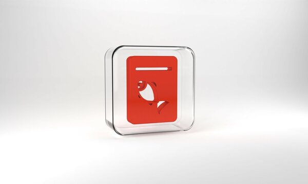 Red Served fish on plate icon isolated on grey background. Glass square button. 3d illustration 3D render