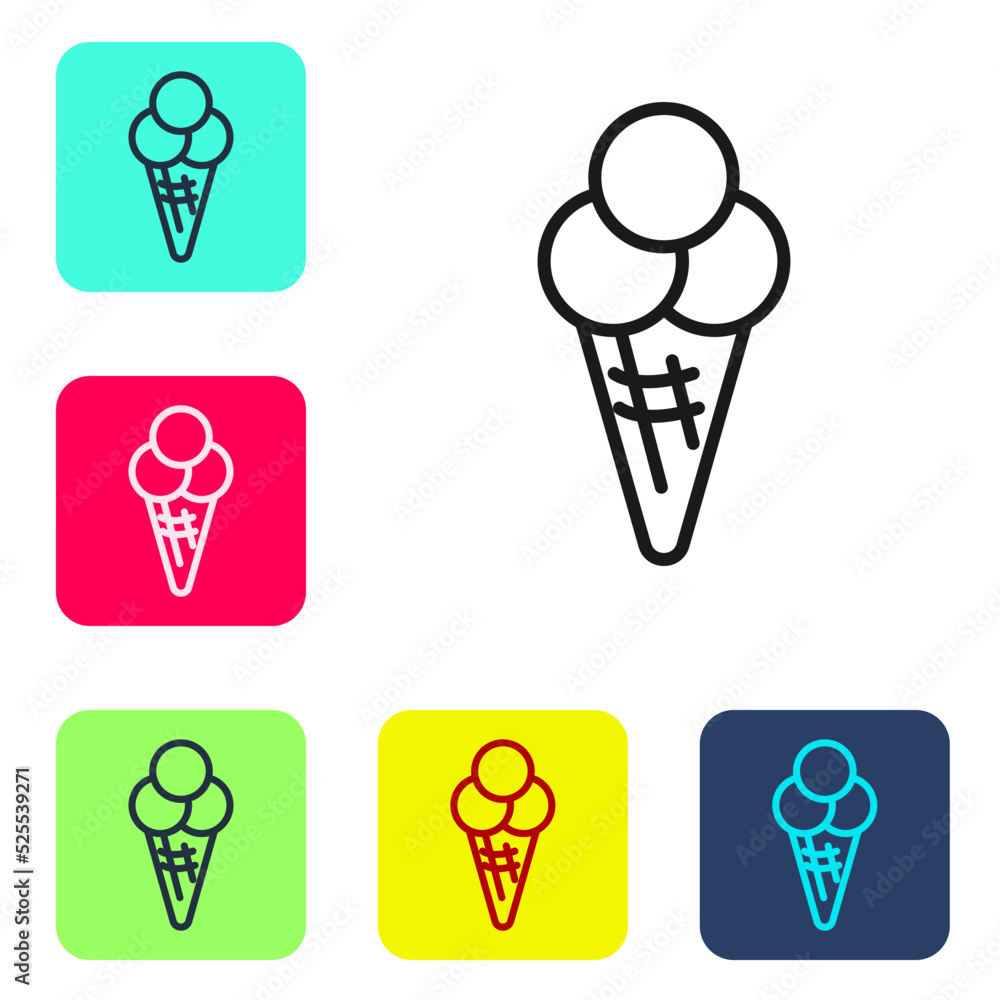 Poster black line ice cream in waffle cone icon isolated on white background. sweet symbol. set icons in co
