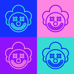 Pop art line Clown head icon isolated on color background. Vector